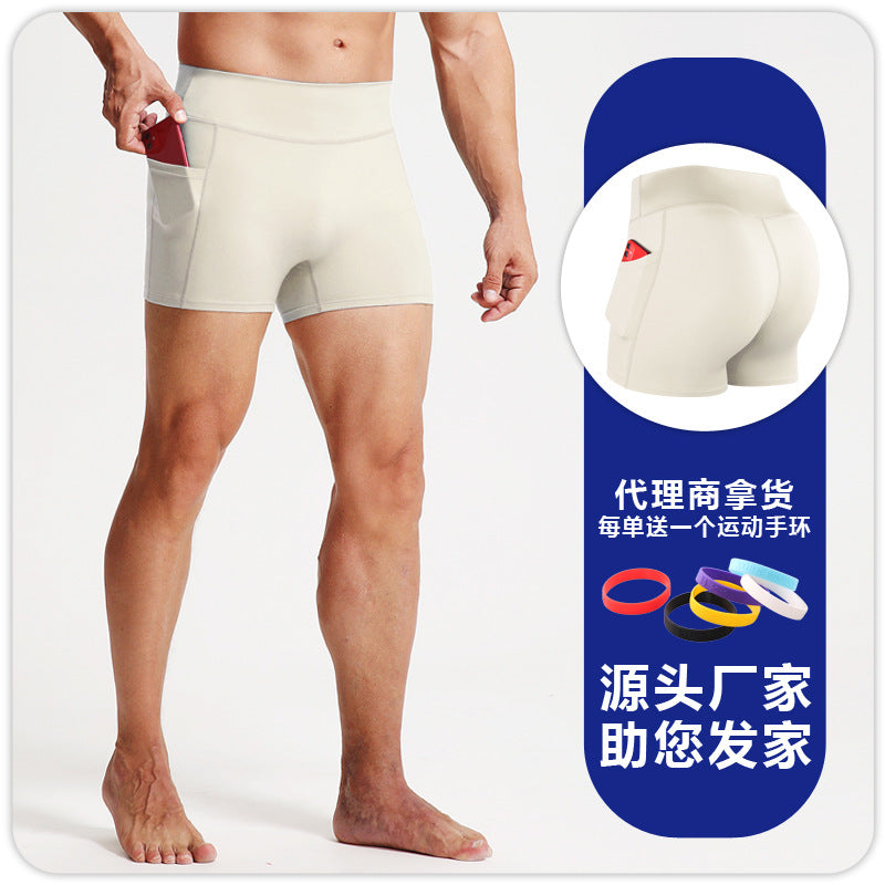 High waist fitness shorts men's sports tights pocket Breathable High elastic compression leggings running fitness three pants