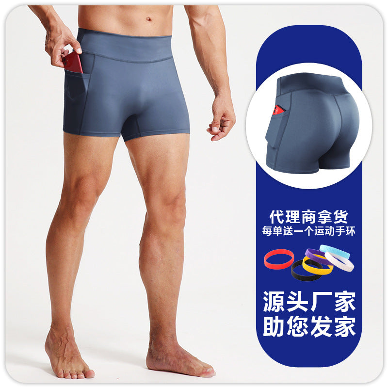 High waist fitness shorts men's sports tights pocket Breathable High elastic compression leggings running fitness three pants