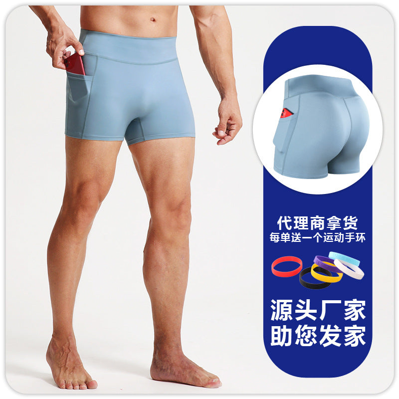 High waist fitness shorts men's sports tights pocket Breathable High elastic compression leggings running fitness three pants