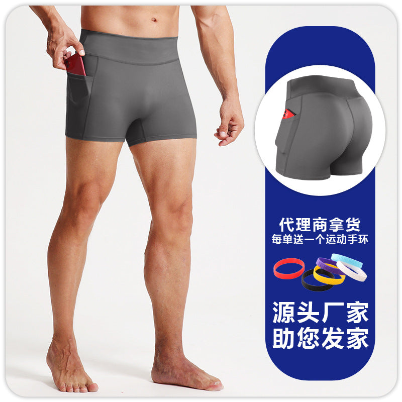 High waist fitness shorts men's sports tights pocket Breathable High elastic compression leggings running fitness three pants