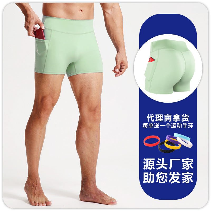 High waist fitness shorts men's sports tights pocket Breathable High elastic compression leggings running fitness three pants