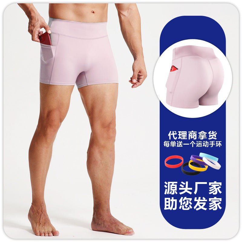 High waist fitness shorts men's sports tights pocket Breathable High elastic compression leggings running fitness three pants