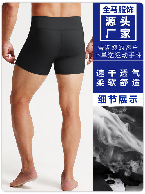 High waist fitness shorts men's sports tights pocket Breathable High elastic compression leggings running fitness three pants