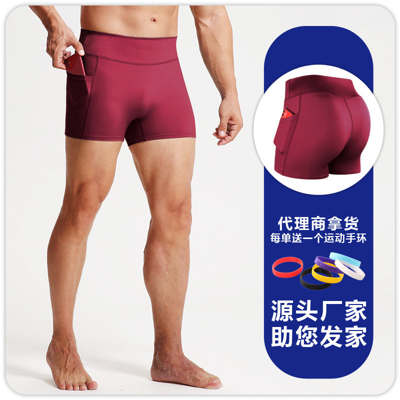 High waist fitness shorts men's sports tights pocket Breathable High elastic compression leggings running fitness three pants