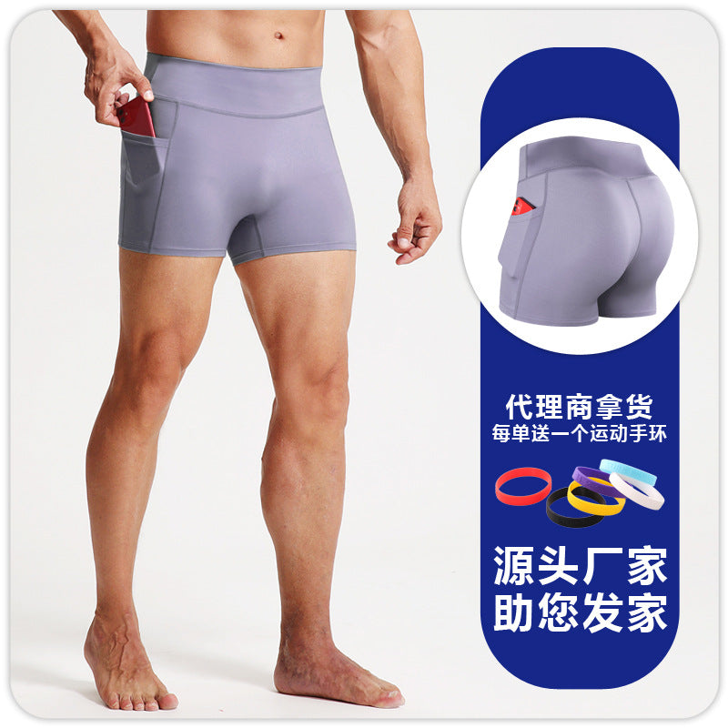 High waist fitness shorts men's sports tights pocket Breathable High elastic compression leggings running fitness three pants