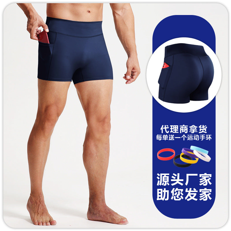High waist fitness shorts men's sports tights pocket Breathable High elastic compression leggings running fitness three pants