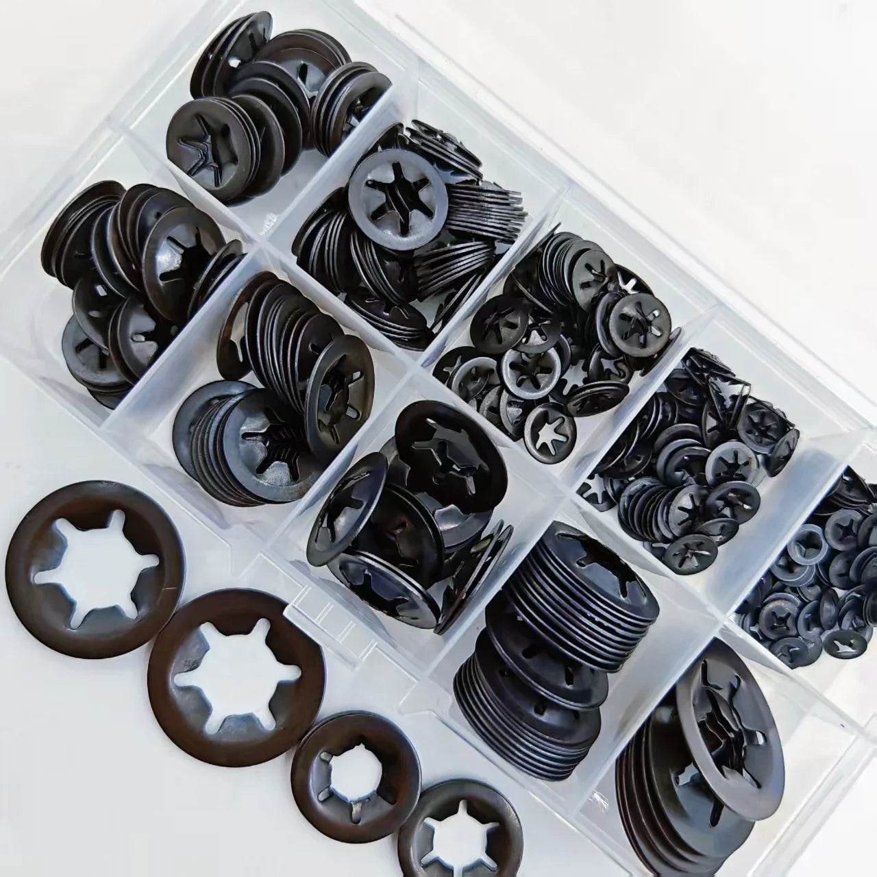 350pcs/box M2.5-M10 External Circlip Self-Locking Retaining Clip Push On Shaft Bearing Snap Ring Washer Kit Set Black 65mn Steel