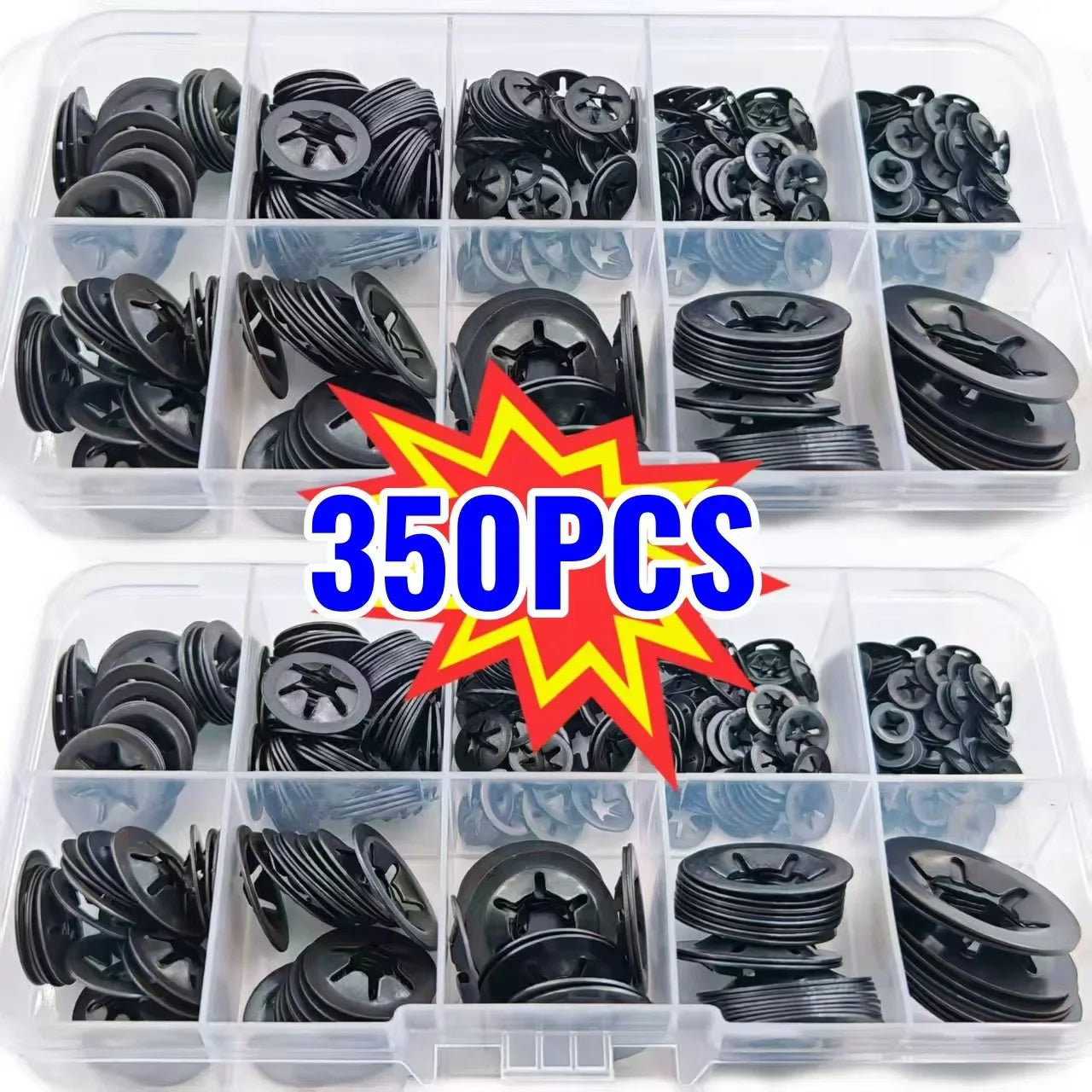 350pcs/box M2.5-M10 External Circlip Self-Locking Retaining Clip Push On Shaft Bearing Snap Ring Washer Kit Set Black 65mn Steel