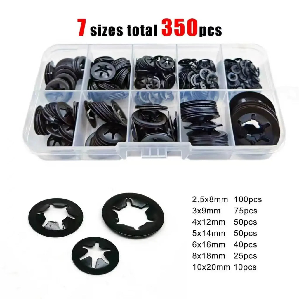 350pcs/box M2.5-M10 External Circlip Self-Locking Retaining Clip Push On Shaft Bearing Snap Ring Washer Kit Set Black 65mn Steel